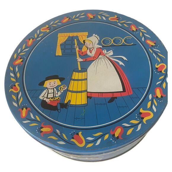 Vintage Quinlan’s Amish Dutch Round Tin Pennsylvania Blue Farm Butter Pretzel - Picture 7 of 12